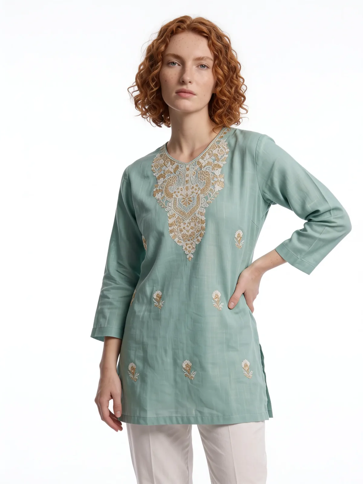 Aabshar Cotton Kurti in Light Green with Aari Embroidery