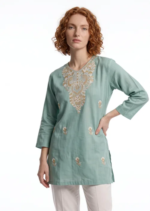 Aabshar Cotton Kurti in Light Green with Aari Embroidery