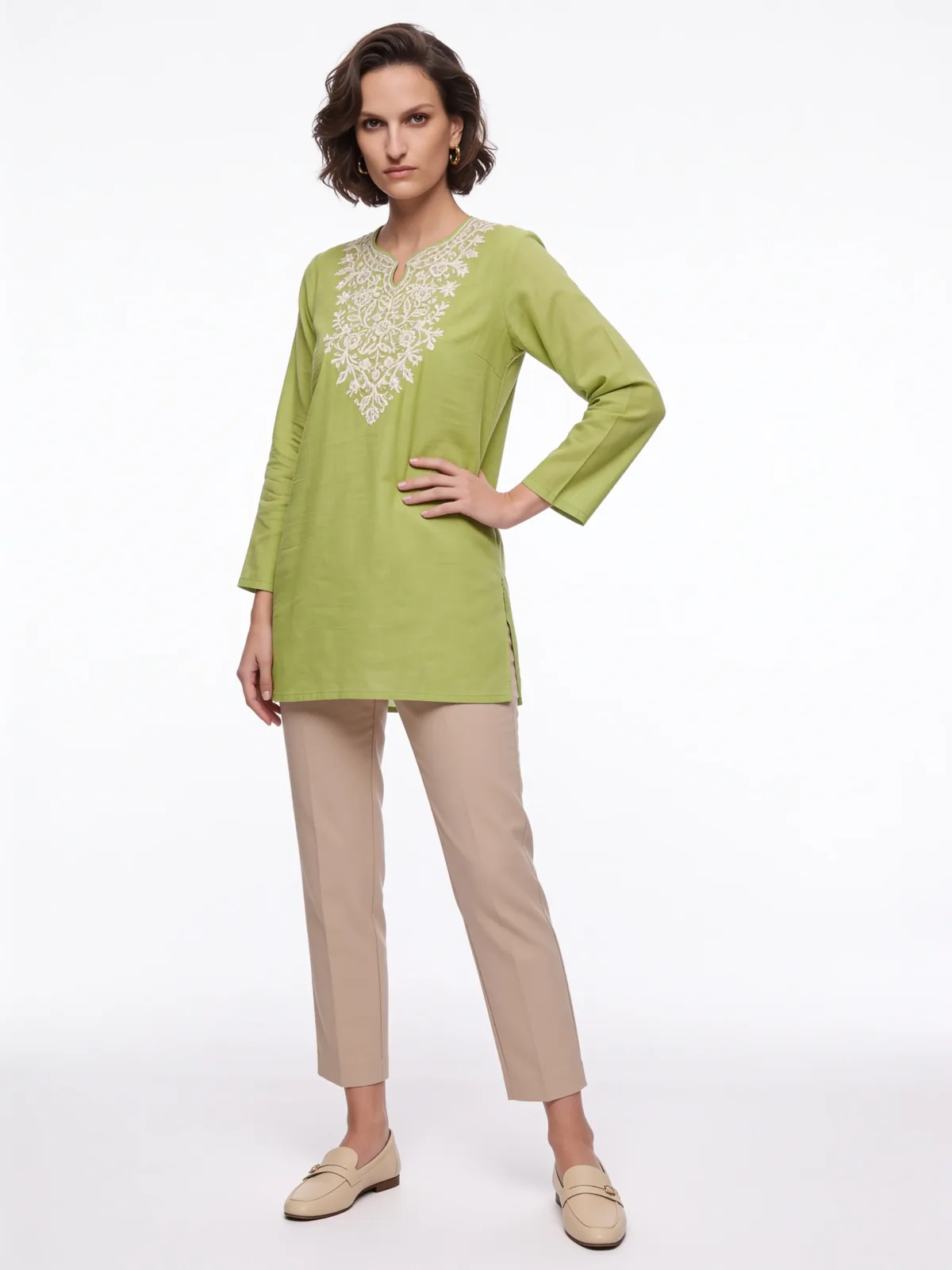 Aaftab Cotton Kurti in Green with Floral Aari Embroidery