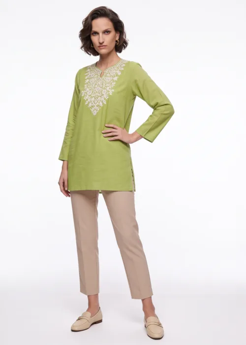 Aaftab Cotton Kurti in Green with Floral Aari Embroidery