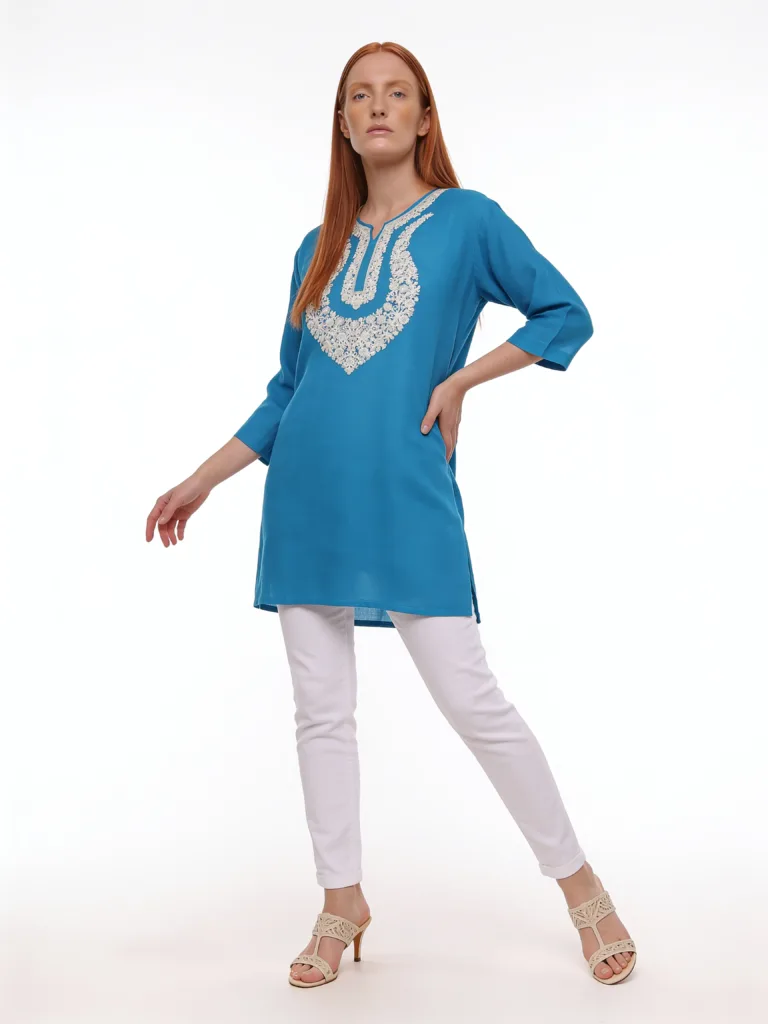 Arsh Cotton Kurti in Blue with Aari Embroidery