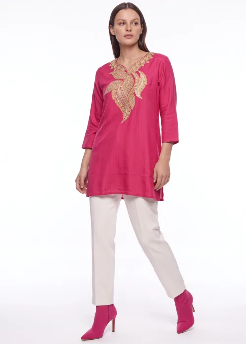 Chandbi Cotton Kurti with Gold Floral Tilla Embroidery