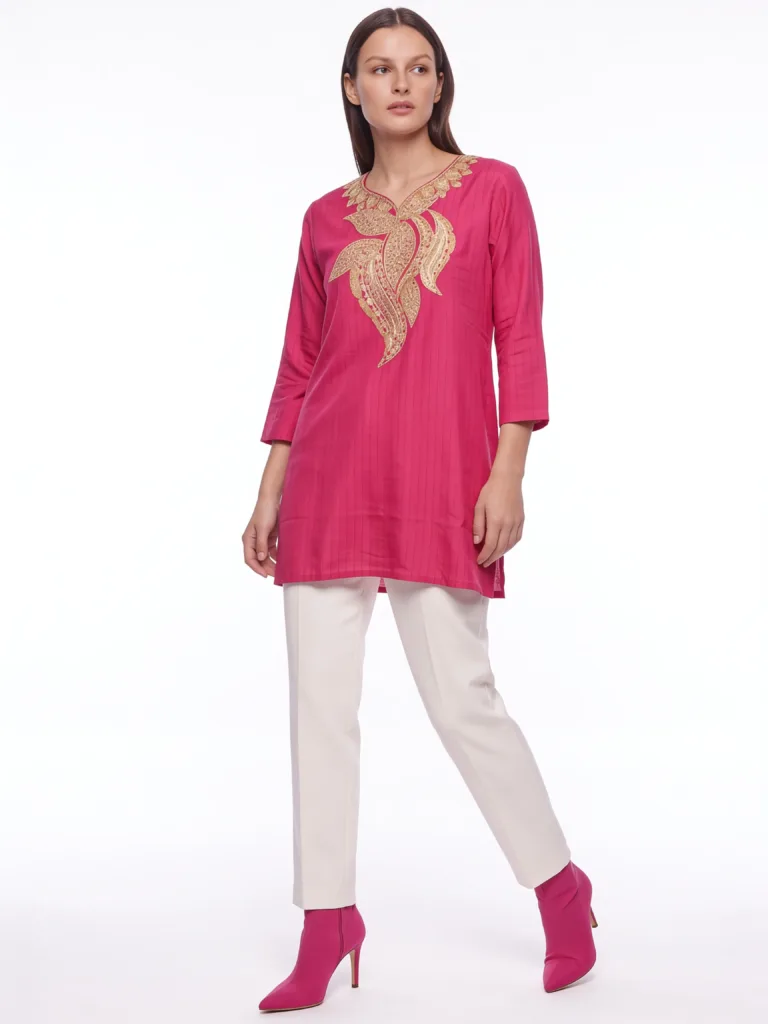 Chandbi Cotton Kurti with Gold Floral Tilla Embroidery