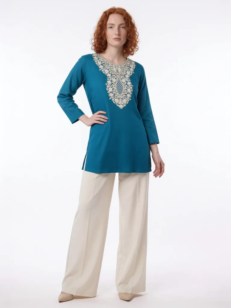 Chashm e Bahar Cotton Kurti in Blue with Floral Embroidery
