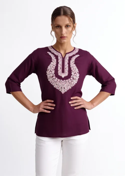 Faiza Cotton Kurti in Purple with Floral Embroidery