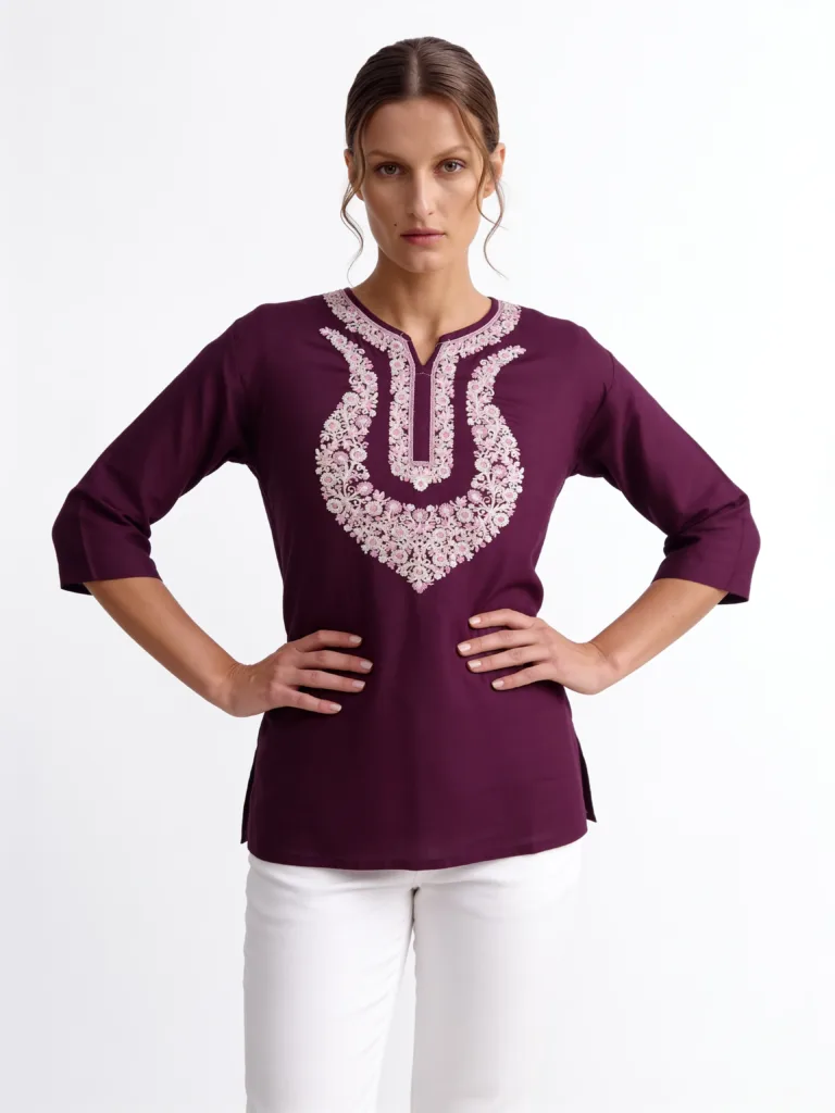 Faiza Cotton Kurti in Purple with Floral Embroidery