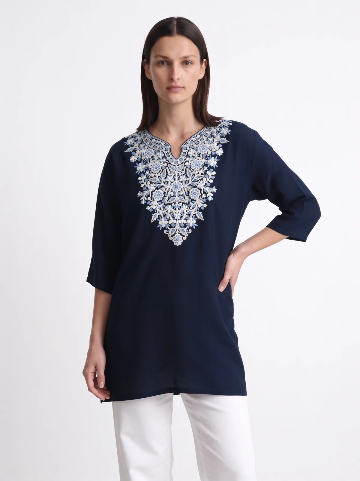 Gulaal Cotton Kurti in Navy with Floral Aari Embroidery