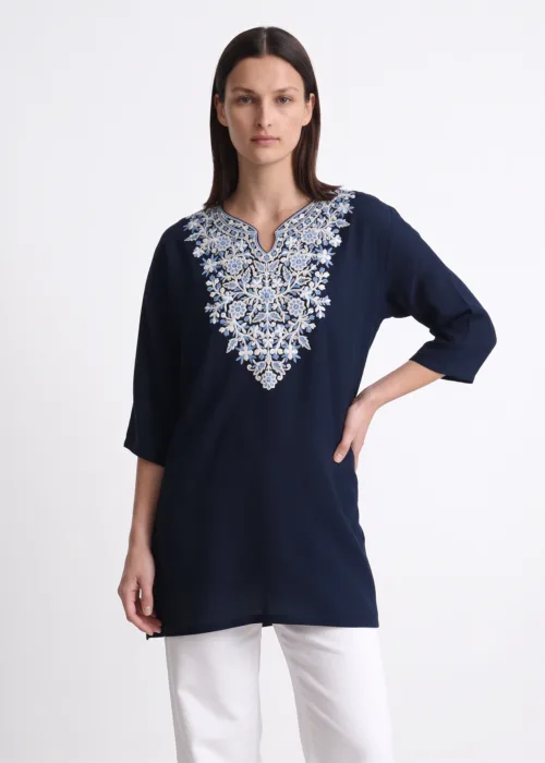 Gulaal Cotton Kurti in Navy with Floral Aari Embroidery