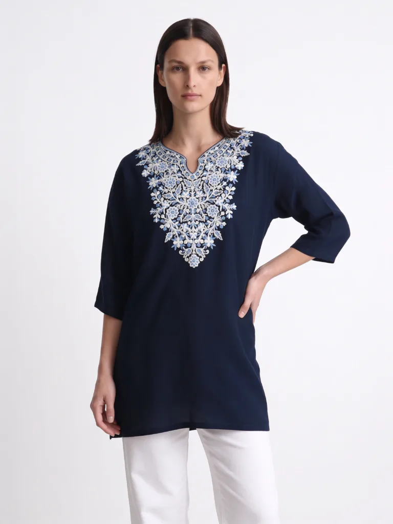 Gulaal Cotton Kurti in Navy with Floral Aari Embroidery
