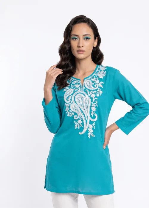 Gulaal Kashmiri Cotton Aari Kurti in Turquoise
