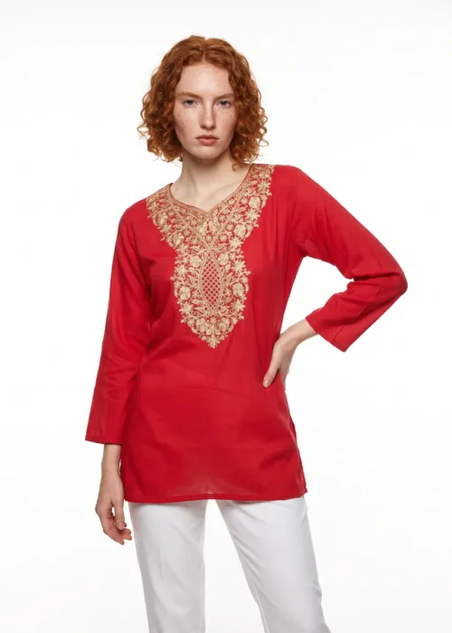 Gulab Cotton Kuftan with Golden Aari Embroidery