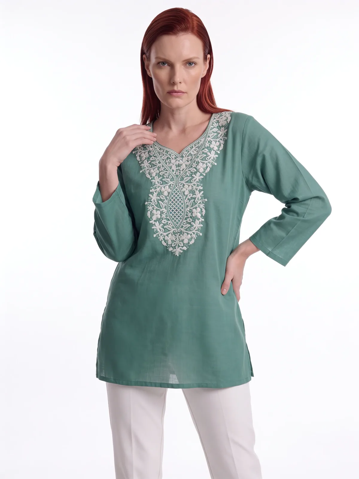 Gulnaar Cotton Kurti with Floral Aari Embroidery