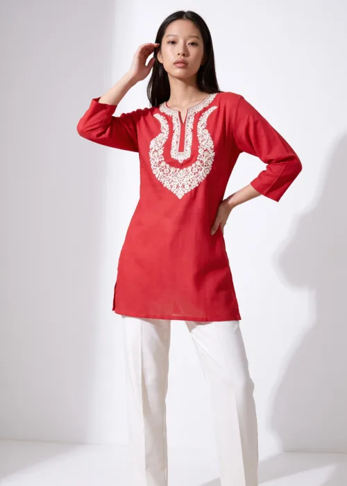 Jade Mist Kashmiri Cotton Kurti in Red with Floral Embroidery