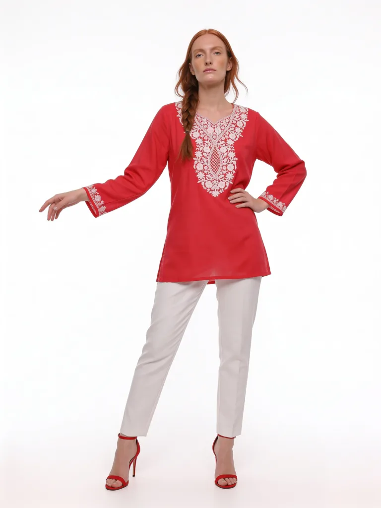 Nargis Kashmiri Cotton Aari Kurti in Red