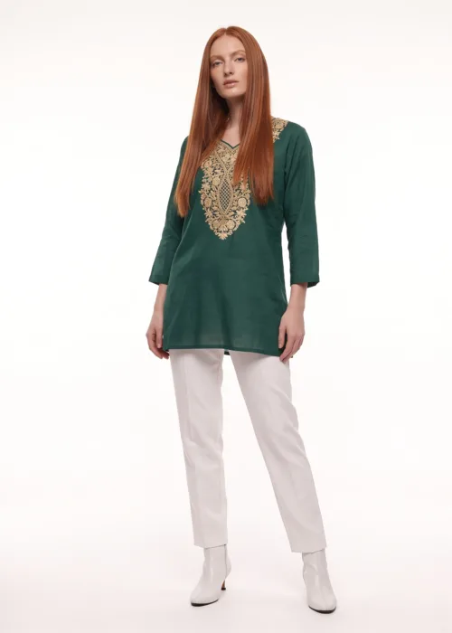 Noor e Qamar Cotton Kurti in Jewel-Toned Green