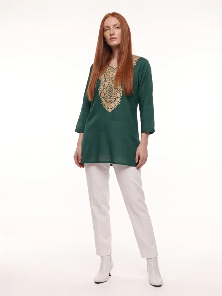 Noor e Qamar Cotton Kurti in Jewel-Toned Green