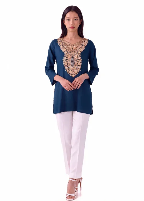 Mahira Kashmiri Cotton Aari Kurti in Blue with Gold Embroidery