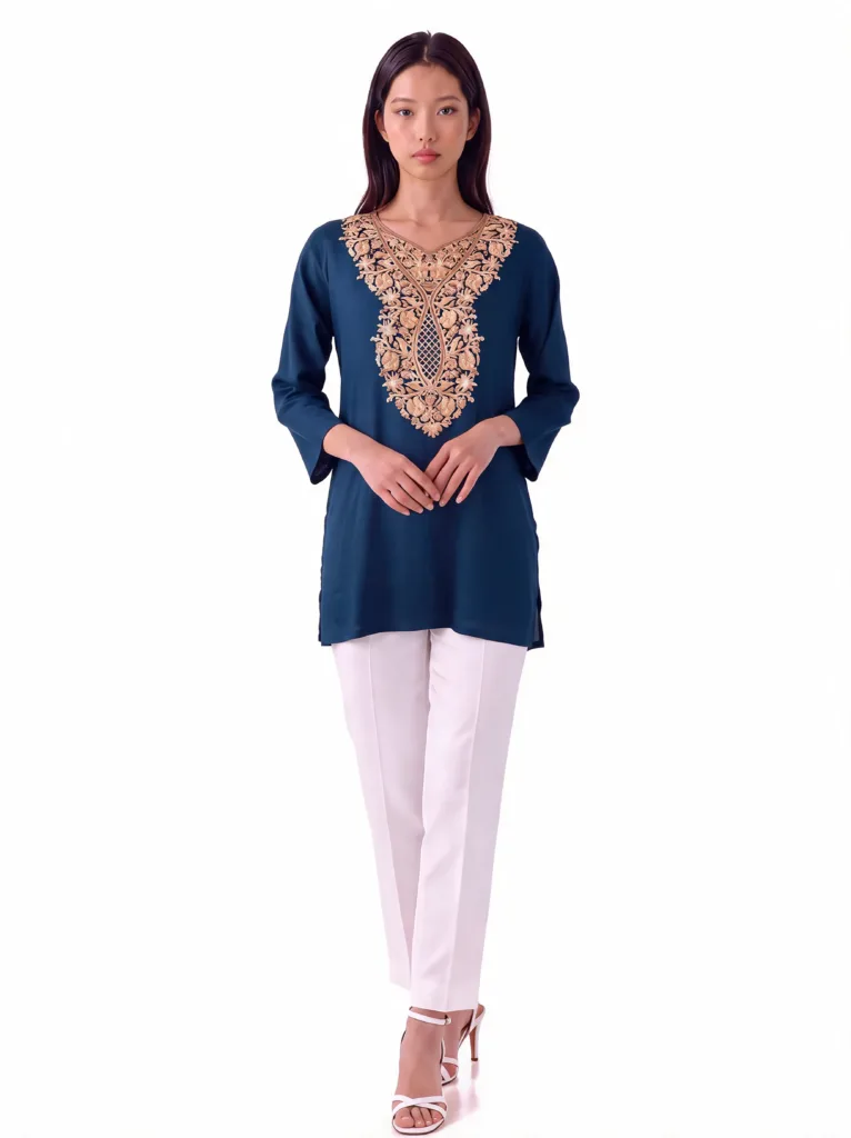 Mahira Kashmiri Cotton Aari Kurti in Blue with Gold Embroidery