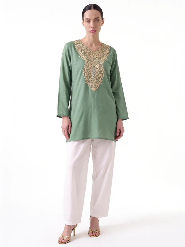 Sosan Aasmaan Cotton Kurti in Green with Gold Embroidery