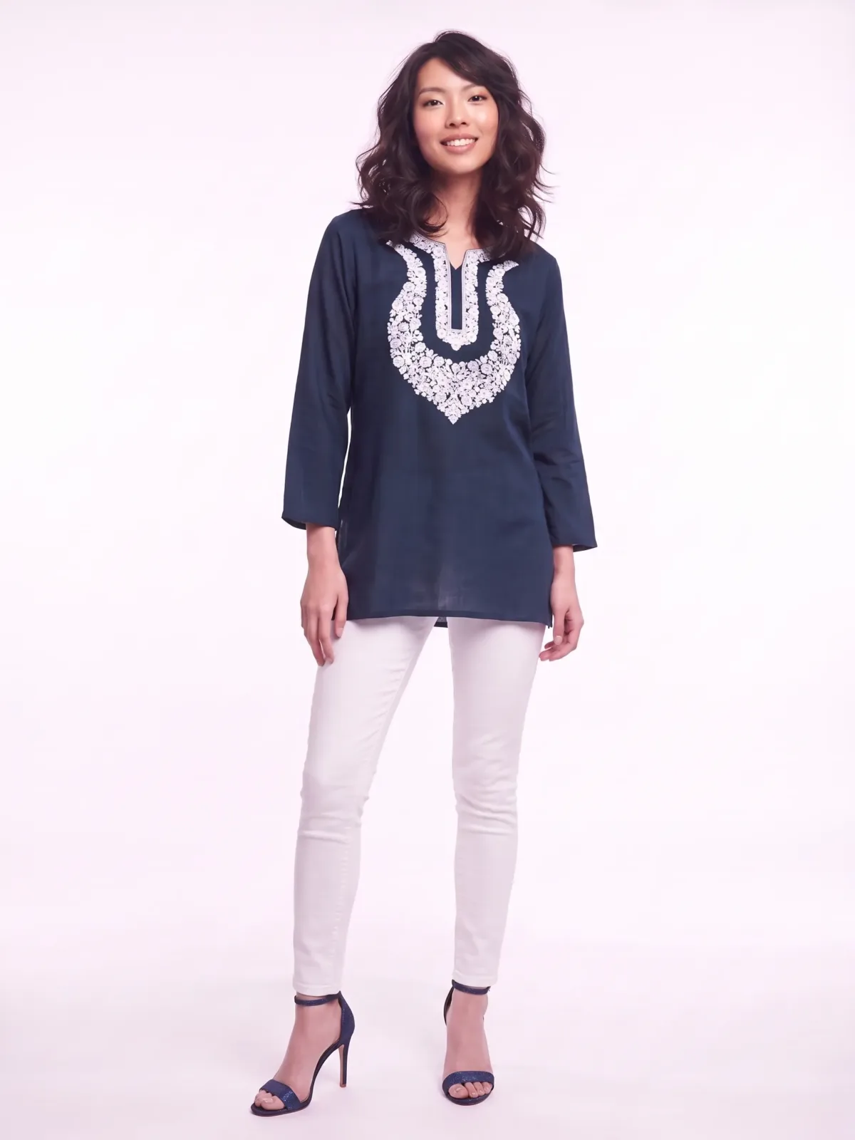 Sheen Kashmiri Cotton Aari Kurti in Navy