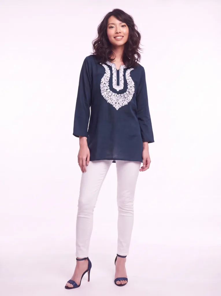 Sheen Kashmiri Cotton Aari Kurti in Navy