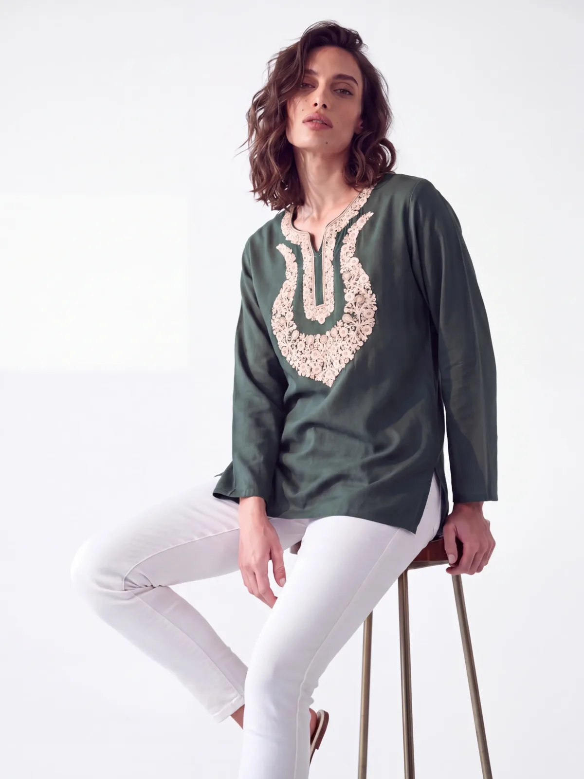 Tewar Cotton Kurti in Jewel-Toned Green with Aari Embroidery