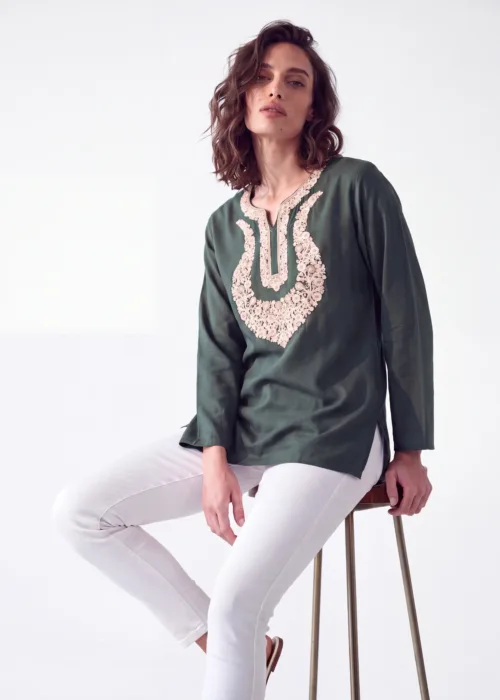 Tewar Cotton Kurti in Jewel-Toned Green with Aari Embroidery