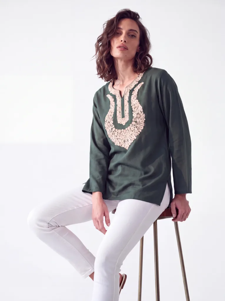 Tewar Cotton Kurti in Jewel-Toned Green with Aari Embroidery