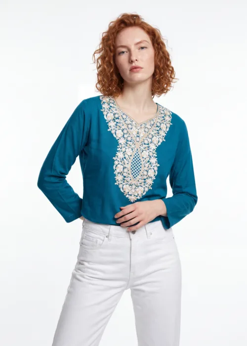 Shehzadi Kashmiri Cotton Aari Kurti in Teal
