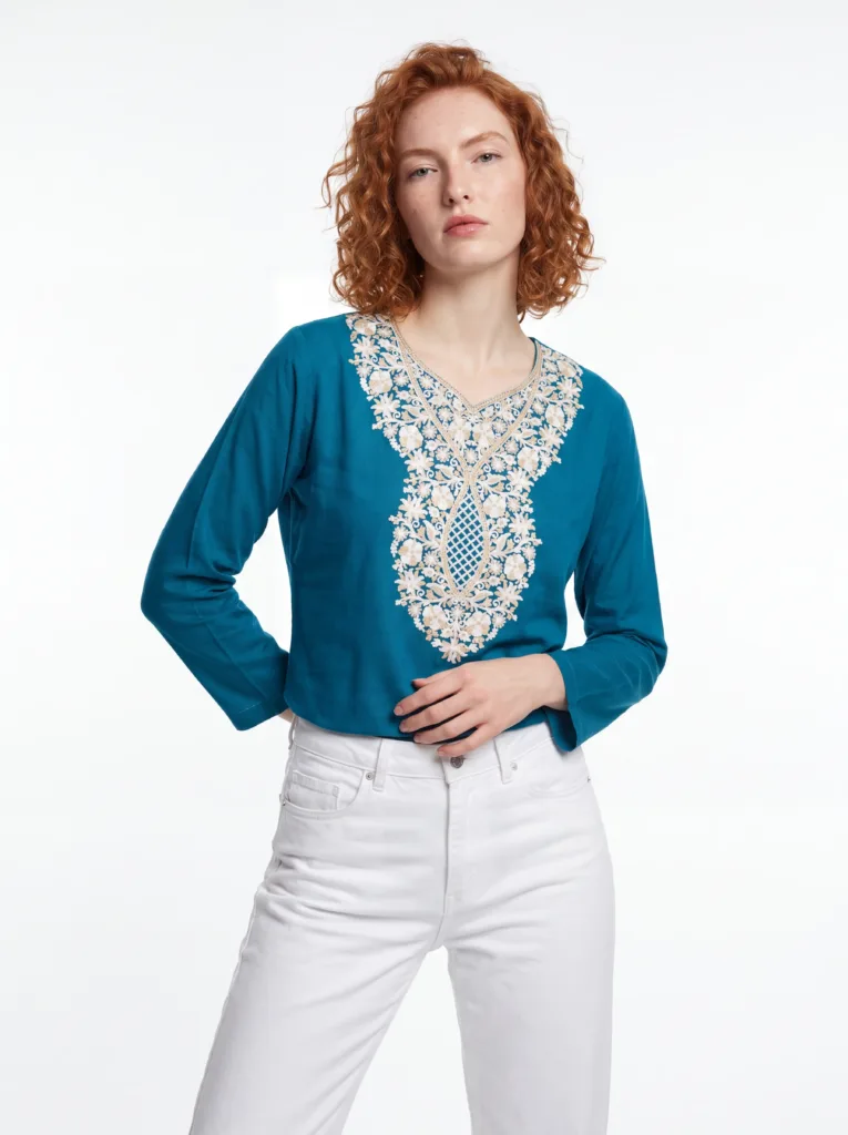 Shehzadi Kashmiri Cotton Aari Kurti in Teal