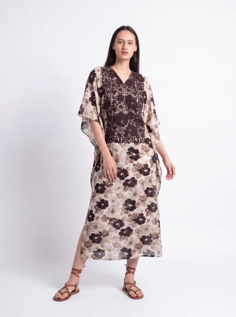Noor Roshni Muslin Kaftan in Warm Earth Tones