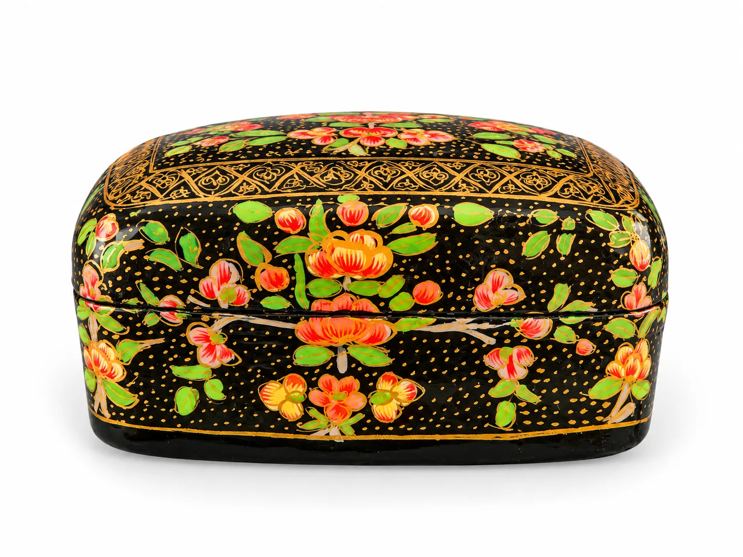 Black and Orange Bouquet Kashmiri Papier-Mâché Trinket Box 3×4″
