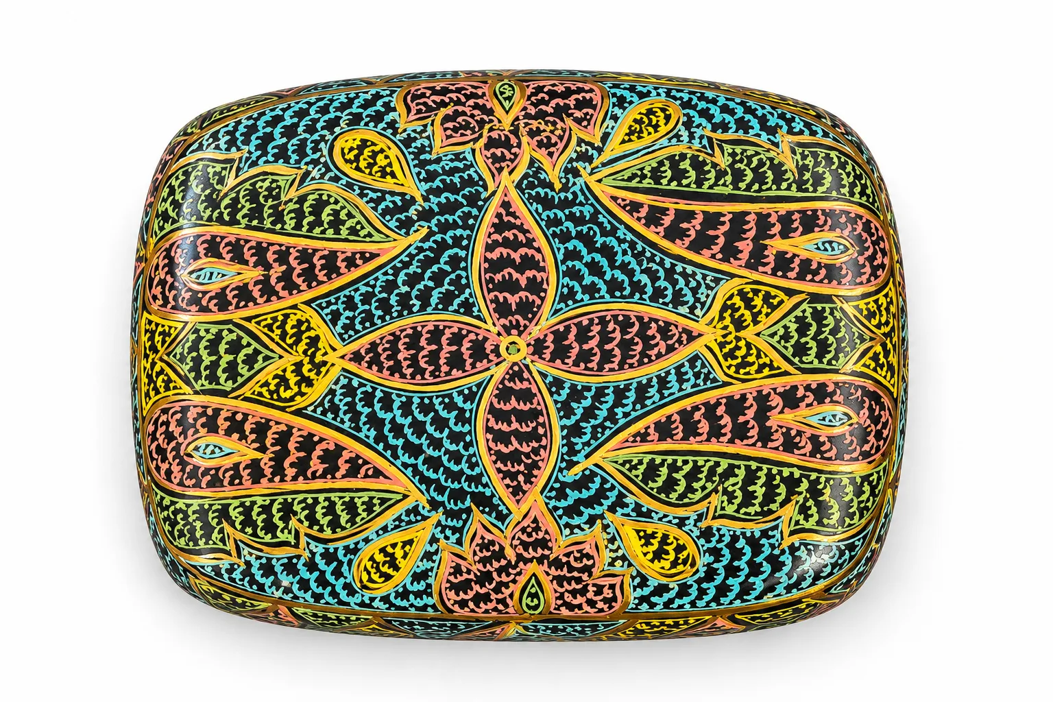 Black and Orange Bouquet Kashmiri Papier-Mâché Trinket Box 3×4″
