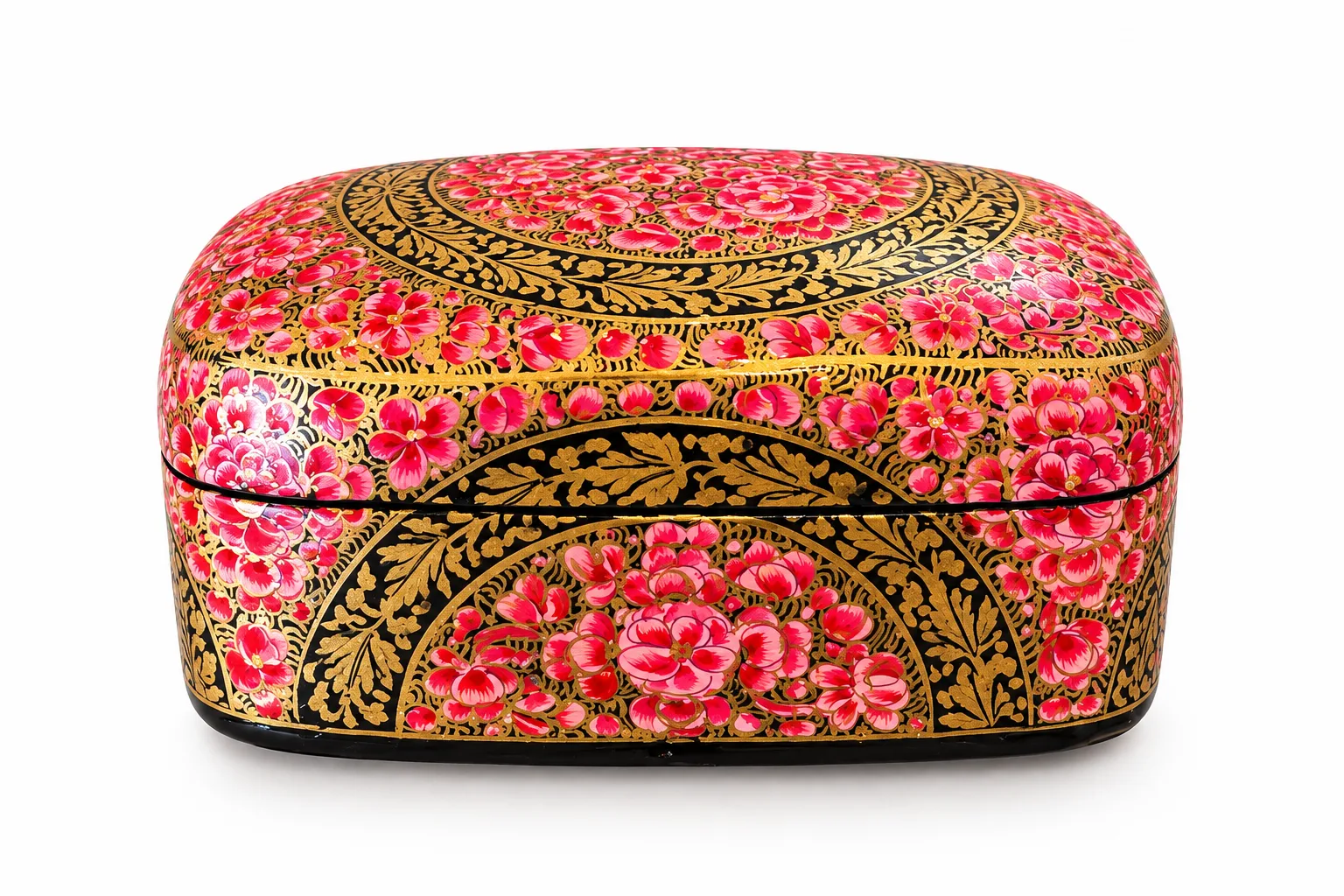 Orange Rose Medallion Kashmiri Papier-Mâché Trinket Box 3×4″