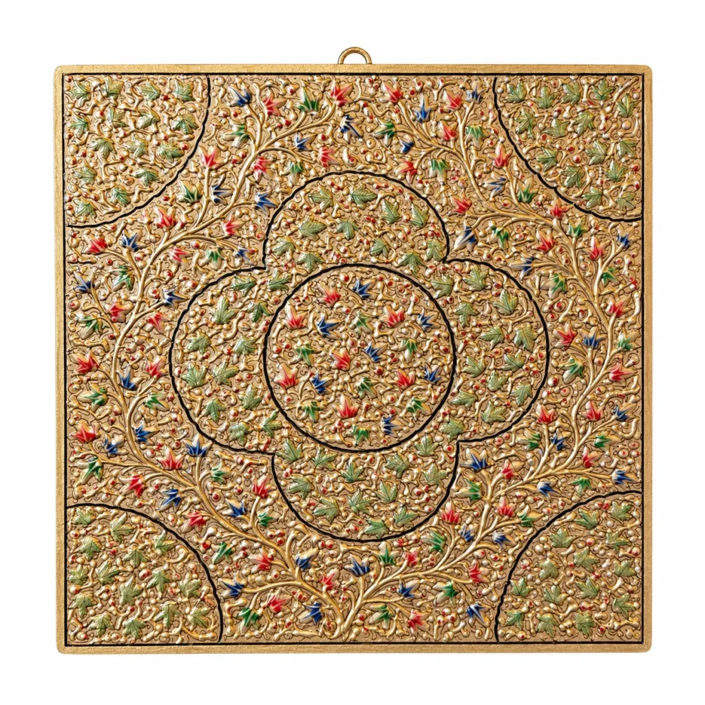 Olive and Red Floral Kashmiri Papier-Mâché Wall Hanging