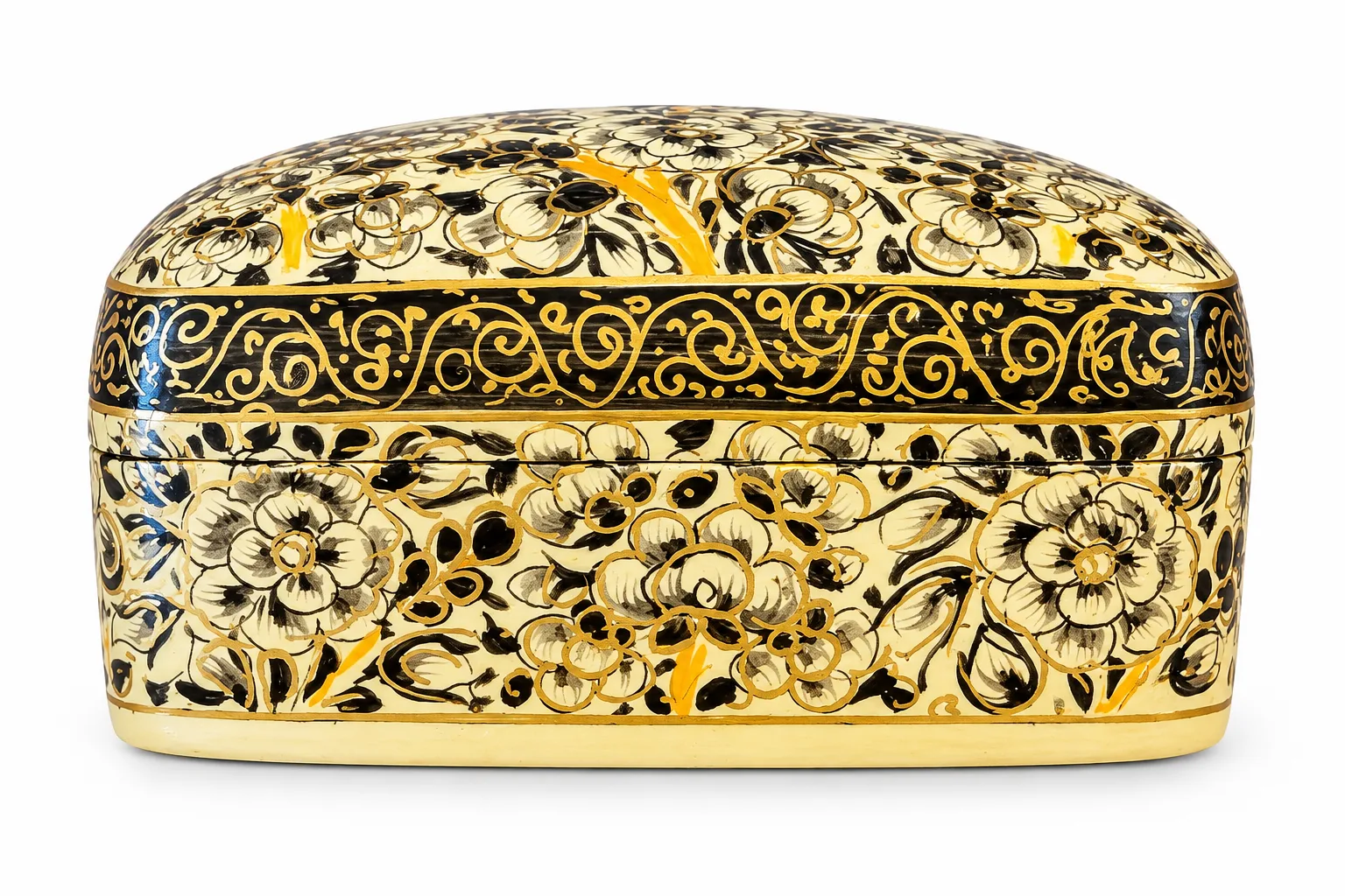 Black and Orange Bouquet Kashmiri Papier-Mâché Trinket Box 3×4″