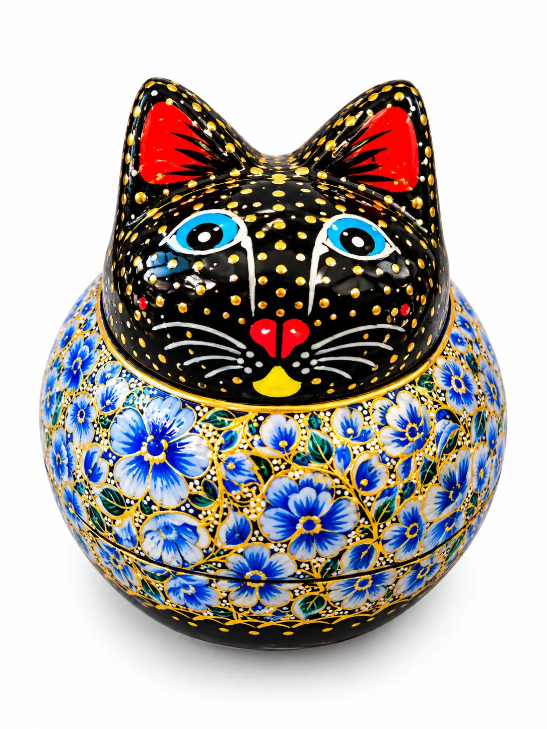 Black Floral Kashmiri Papier-Mâché Cat Box 4″