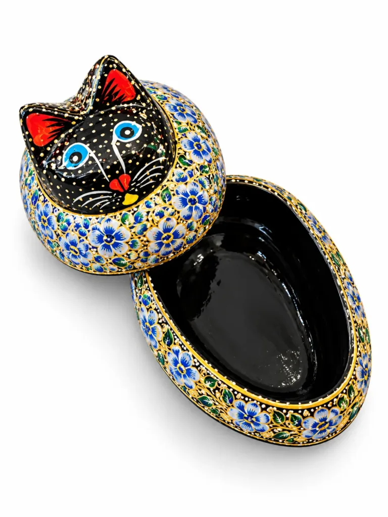 Blue Floral Kashmiri Papier-Mâché Cat Box 4″