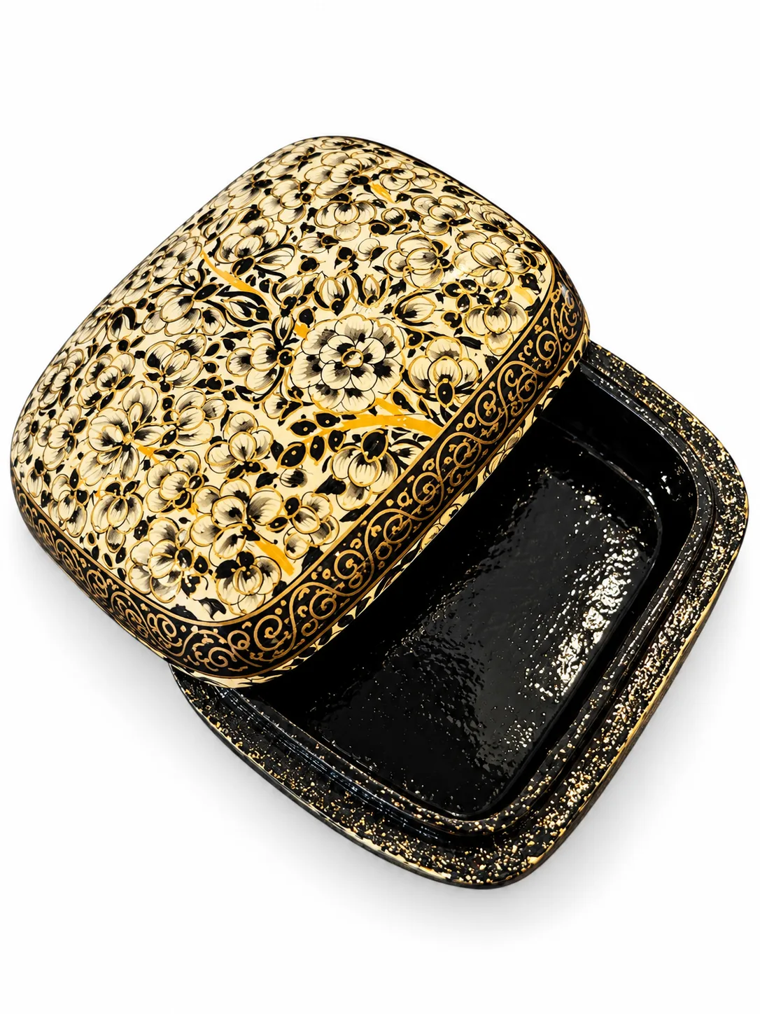Cream and Black Floral Kashmiri Papier-Mâché Trinket Box 3×4″