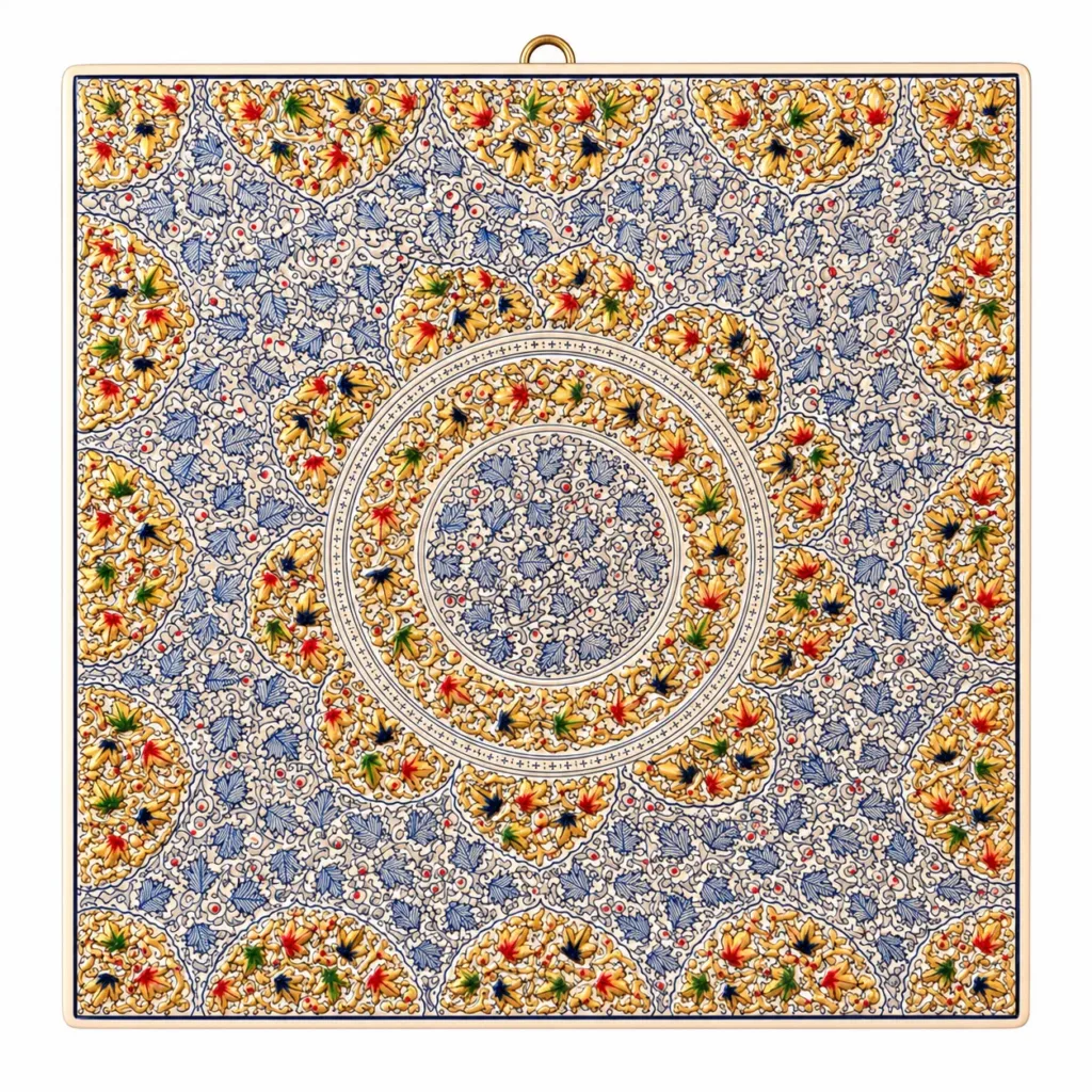 Cream and Blue Medallion Kashmiri Papier-Mâché Wall Hanging
