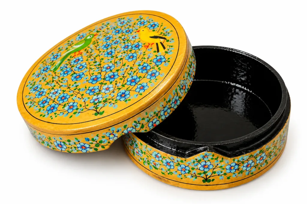 Yellow Bird and Blossom Kashmiri Papier-Mâché Round Trinket Box 2.5×4″