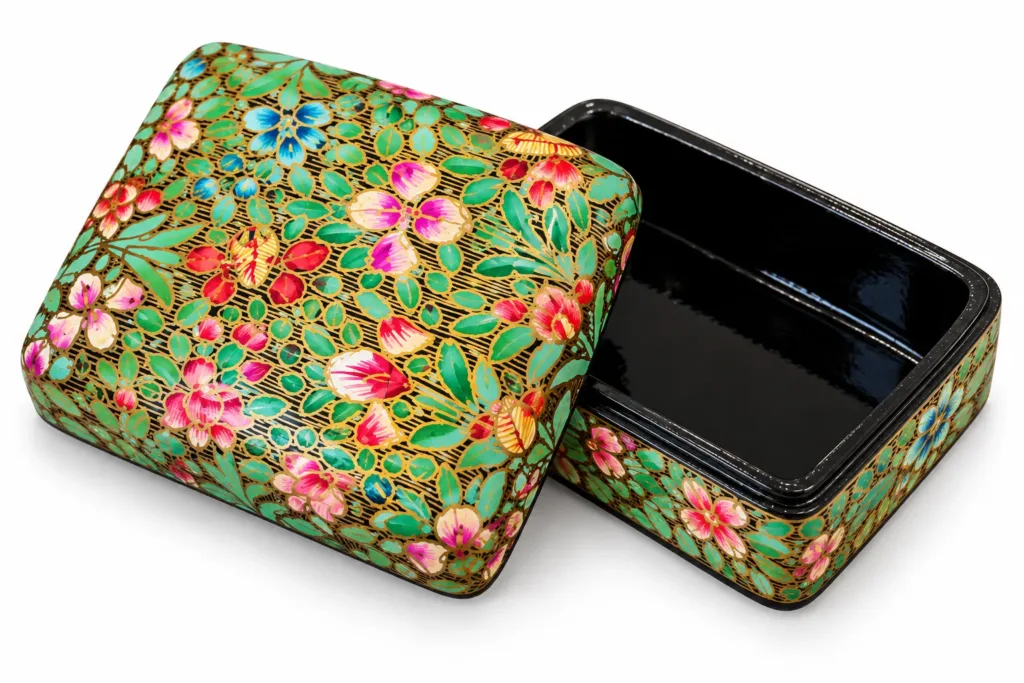 Mint Green Blossom Kashmiri Papier-Mâché Trinket Box 3×4″