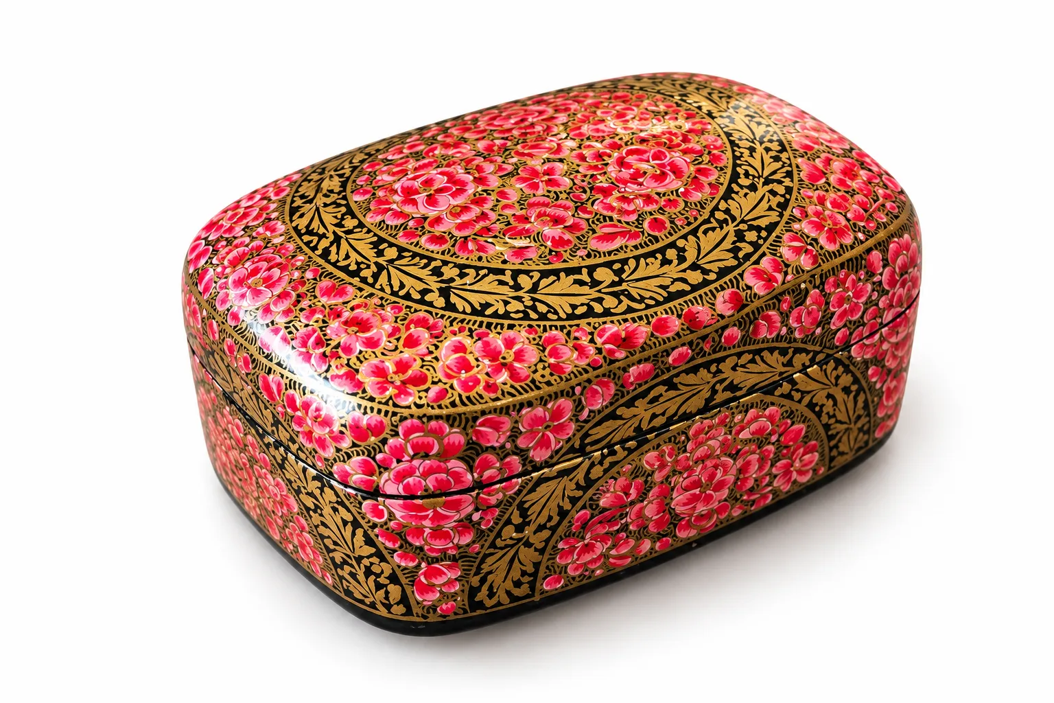 Orange Rose Medallion Kashmiri Papier-Mâché Trinket Box 3×4″