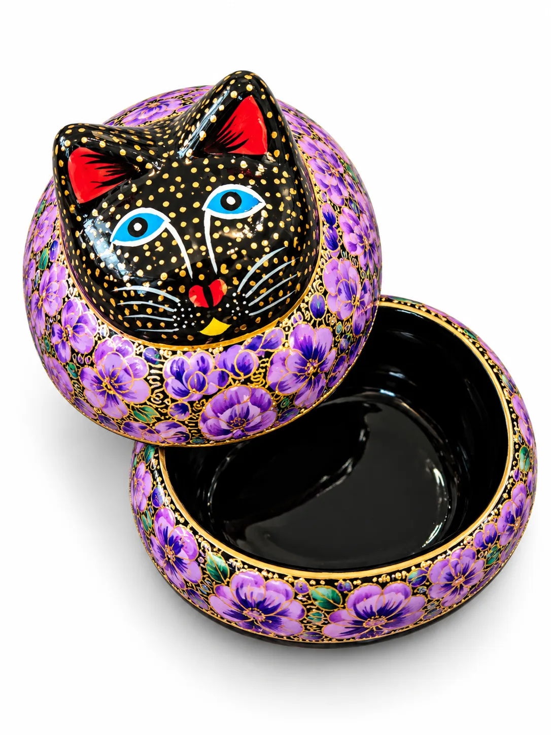 Purple Floral Kashmiri Papier-Mâché Cat Box 4″