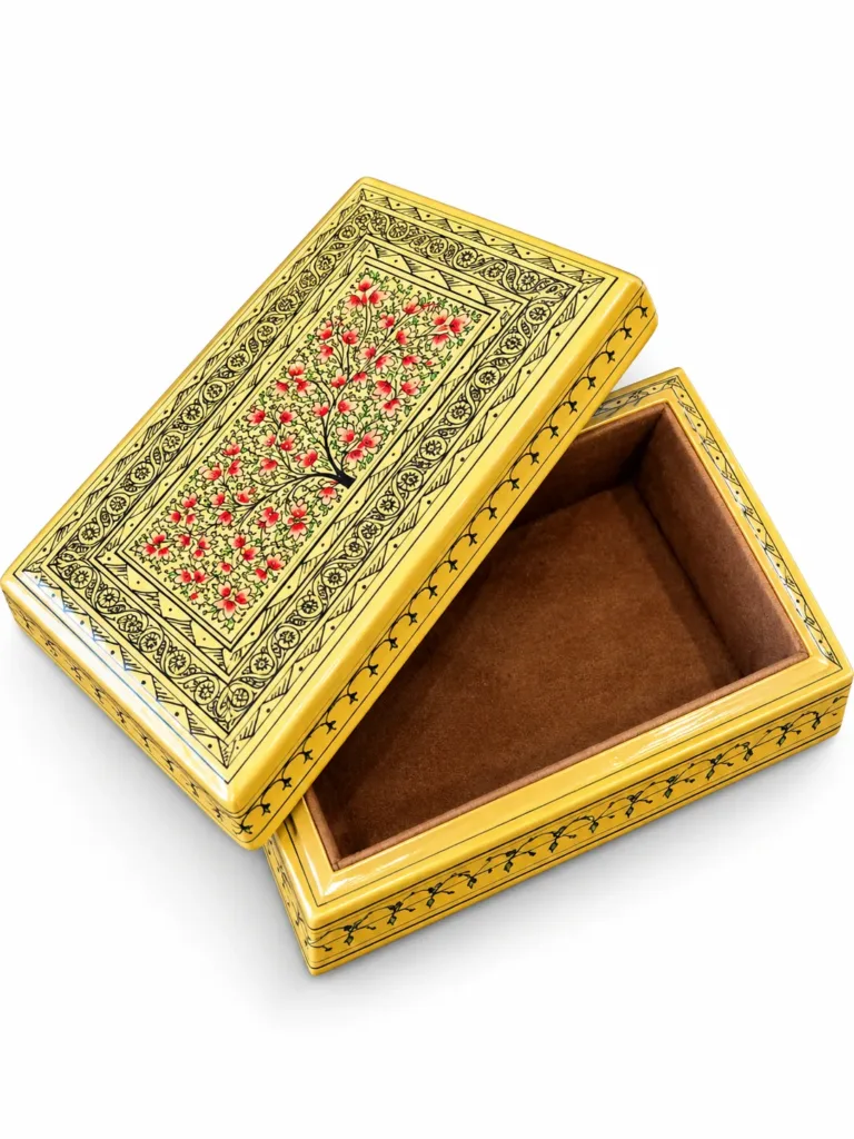 Yellow Tree of Life Kashmiri Papier-Mâché Trinket Box 3×5″