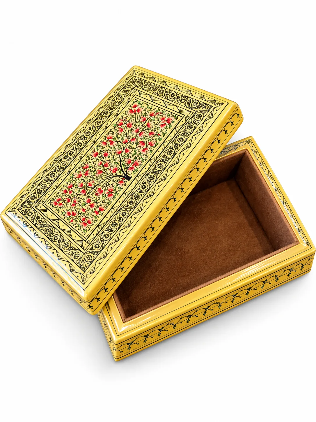 Yellow Tree of Life Kashmiri Papier-Mâché Trinket Box 3×5″