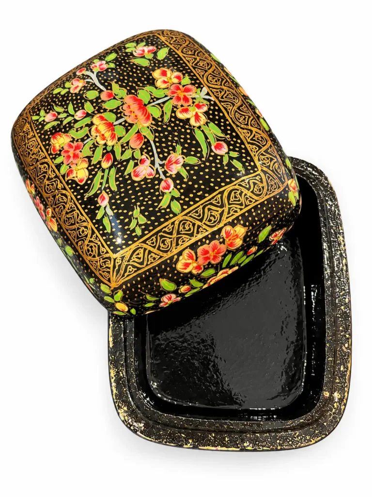 Black and Gold Floral Kashmiri Papier-Mâché Trinket Box 3×4″