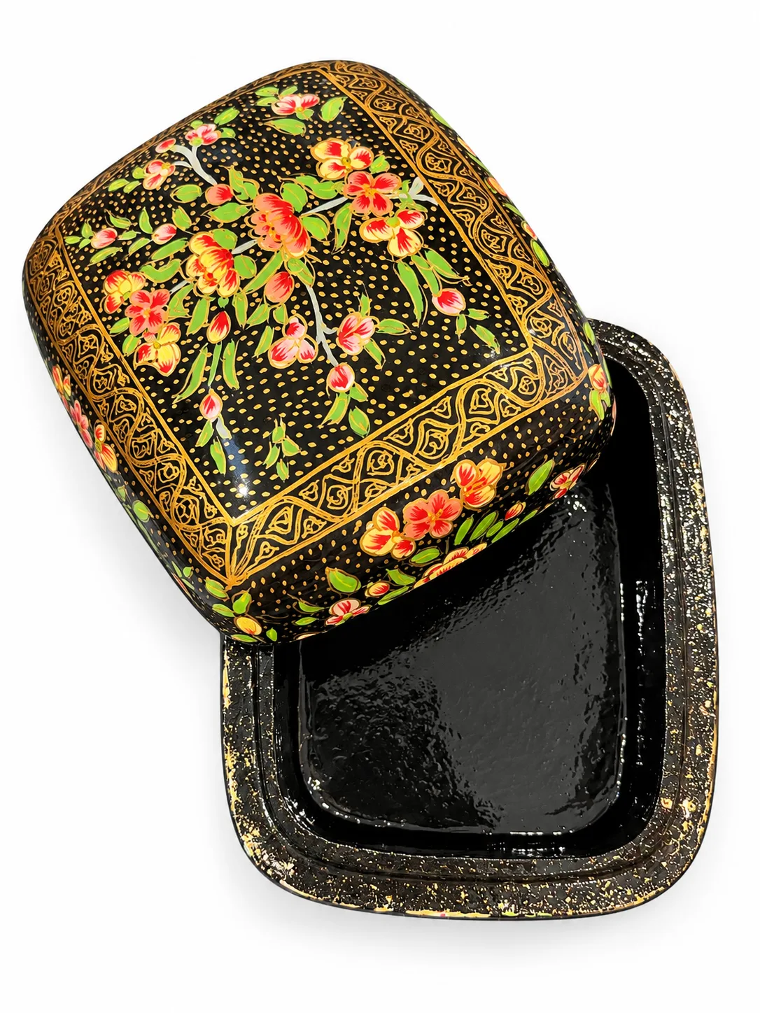 Black and Gold Floral Kashmiri Papier-Mâché Trinket Box 3×4″
