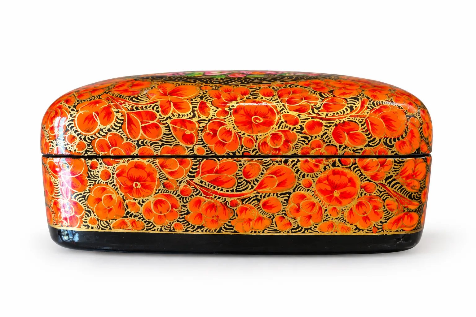 Orange Rose Medallion Kashmiri Papier-Mâché Trinket Box 3×4″