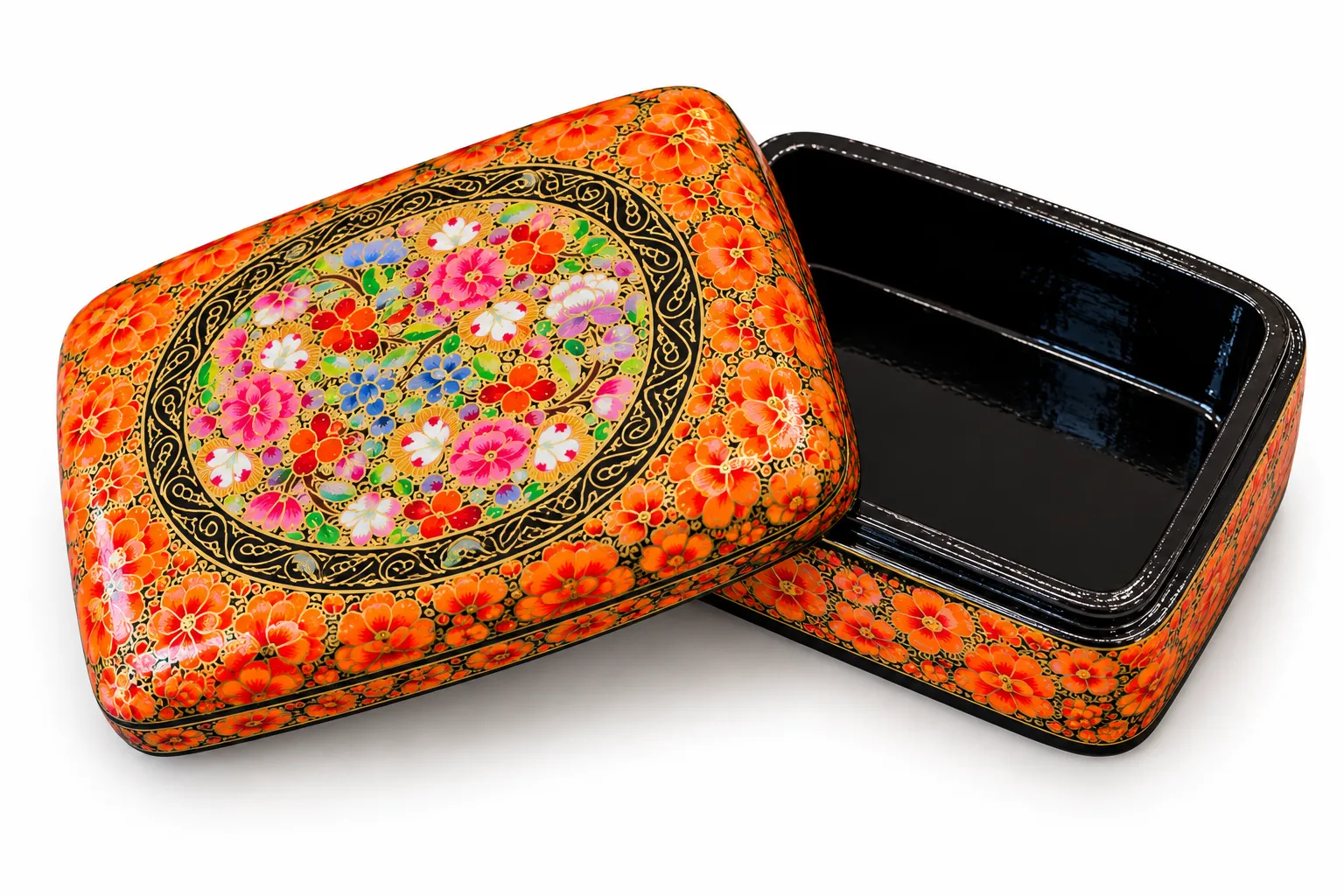 Orange Rose Medallion Kashmiri Papier-Mâché Trinket Box 3×4″